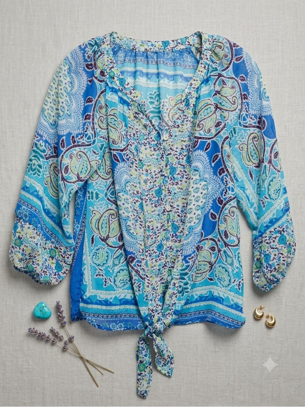 new directions Blue Paisley Tie-Front Blouse